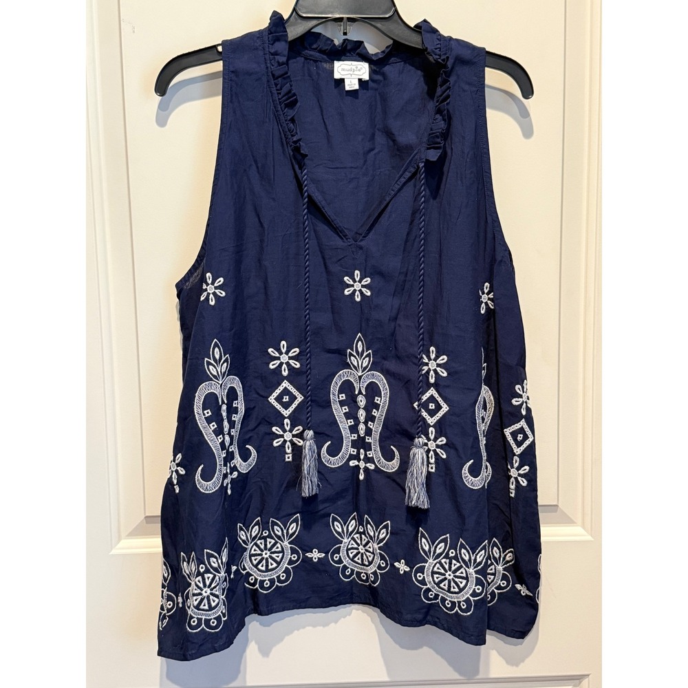 Mud Pie Navy Blue Embroidered Sleeveless Tassel Tie Ruffle Neck Cotton Top Large